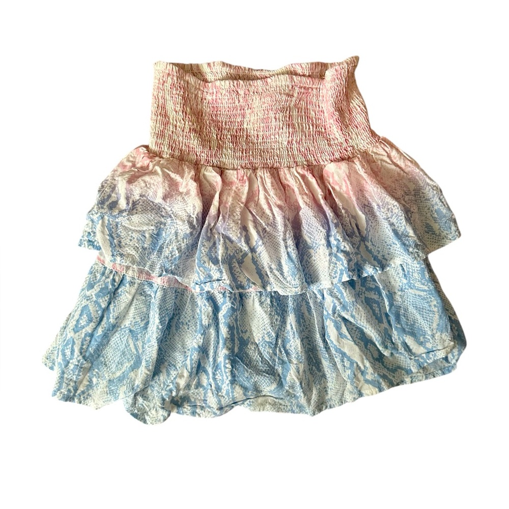 Surf Gypsy Tiered Ruffled Beach blue pink snakeskin smocked coastal mini skirt M - Picture 4 of 11